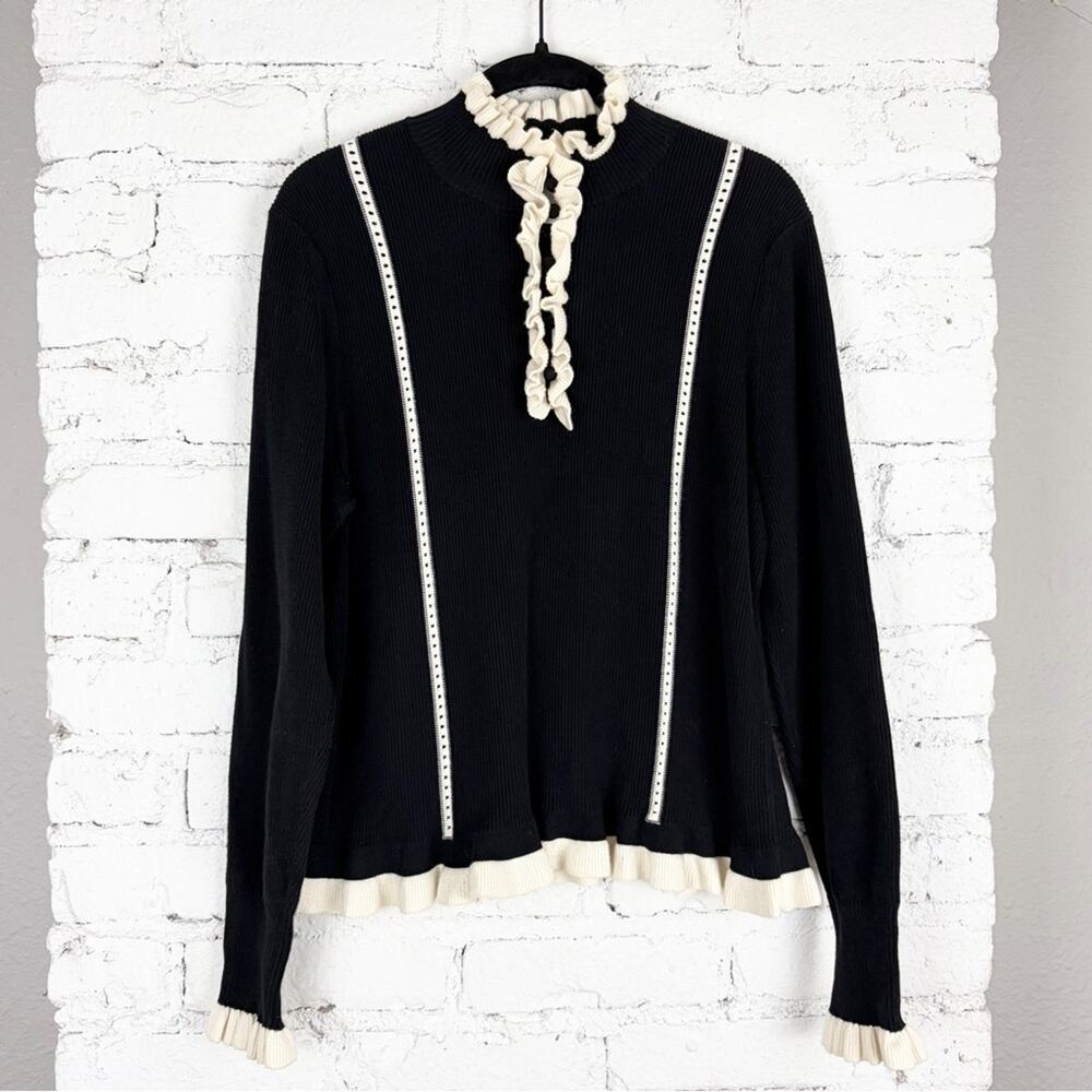 Cabi Adorn Pullover Sweater Black Cream Ruffle Large